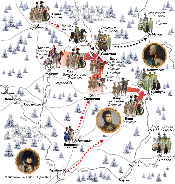 Карта, расположение войск, сражение при Голымине и Пултуске 